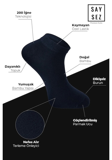 Bambu Erkek Patik Siyah-laci Çorap Dikişsiz Premium Kutulu 6'lı Lacivert - Siyah