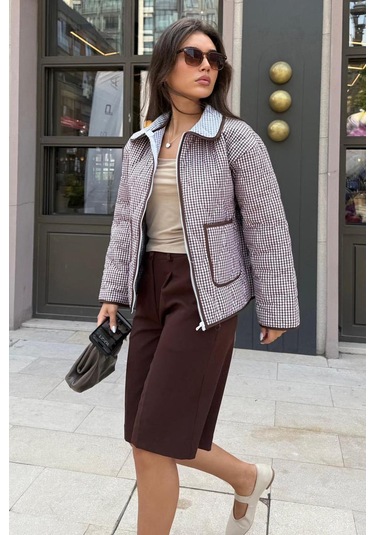 Kahverengi Pötikareli Cepli Kadın Mont Mg2488 Kahverengi