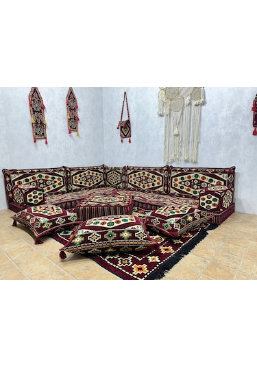 Coton Şark Köşesi Yörük Desenli Minder Takımı Bordo 18 Parça