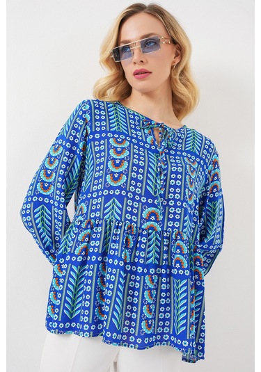 Kadın Desenli Uzun Kol Bluz 970 - Saks Saks