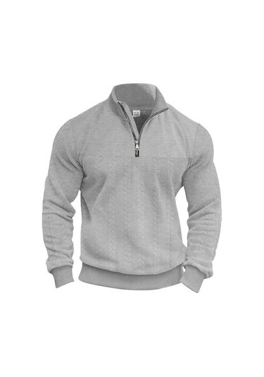 Amerikan Retro Gündelik Dik Yaka Fermuarlı Kazak Gevşek Örme Ağır Dikiş Jakarlı Sonbahar Ve Kış Uzun Kollu Kazak Gri