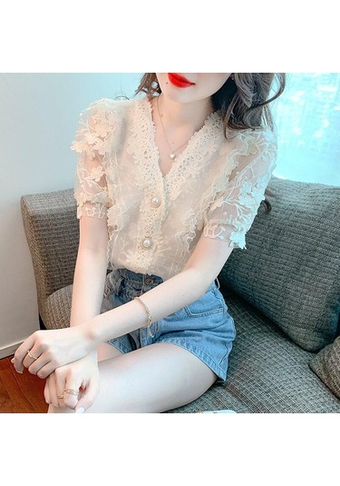 Zarif V Yaka Stereo Çiçek Dantel Şifon Gömlek Kadın 2023 Kısa Kollu Bluz Rahat Sweet 27434 Sayesinde İki Parçalı Tops Kayısı Zarif V Yaka Stereo Çiçek Dantel Şifon Gömlek Kadın 2023 Kısa Kollu Bluz Rahat Sweet 27434 Sayesinde İki Parçalı Tops Kayısı