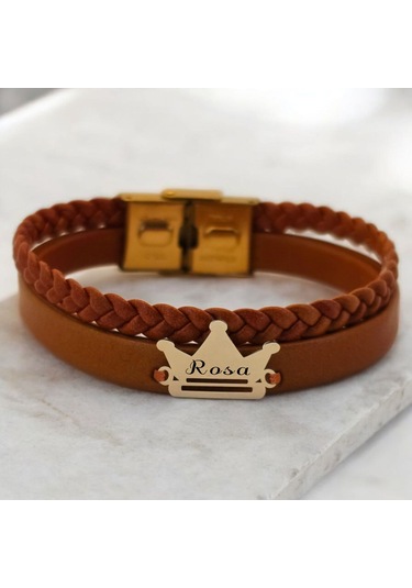 Archin Rosa İsmine Özel 14 Ayar Altın Plakalı Kahverengi Derili Taç Motifli Hediye Bileklik-467isim Rosa