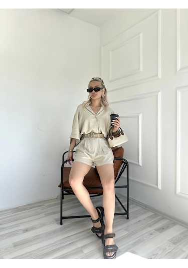 Keymoda Kadın Gömlek Şort Keten Takım Taş Rengi Taş Rengi