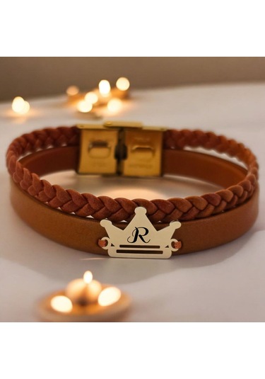 Archin R Harfine Özel 14 Ayar Altın Plakalı Kahverengi Derili Taç Motifli Hediye Bileklik-467harf R