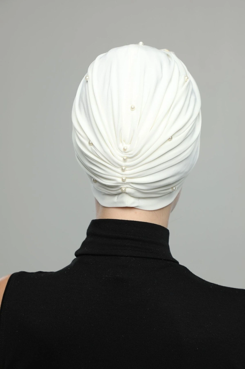 Kopma Astarlı Işlemeli Krem Dantel Motifli Hazır Türban Tesettür Abiye Bone Krem Dantel