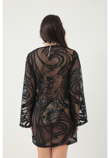 Kolları Volanlı Şal Desen Elbise Siyah