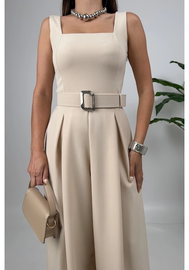 Noir Flow Kadın Taş Kemerli Askılı Bol Paça Tulum Zarif Şıklık Taş