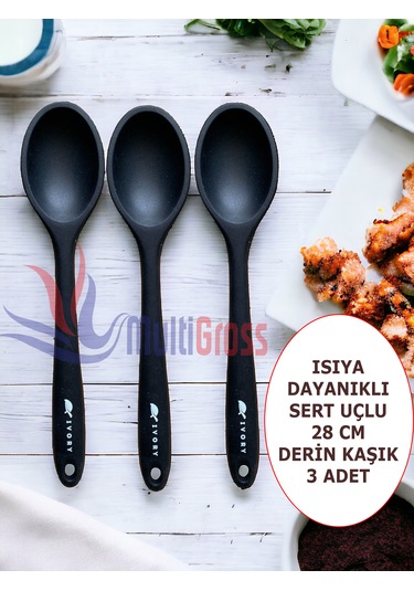 Sert Uçlu Isıya Dayanıklı Silikon 28 Cm Kaşık Siyahx3