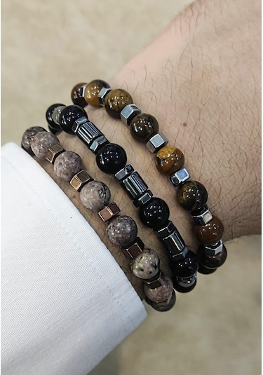 Nursaat Captiva Stell 3.Lü Set Doğaltaş Erkek Bileklik Seti N11.70196 Siyah