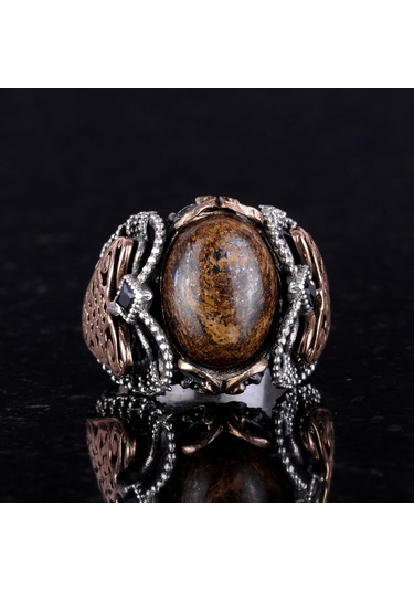 El Yapımı Gerçek Doğal Bronzit Taş Yüzük, 925 Ayar Katı Gümüş Erkek Yüzüğü Gümüş