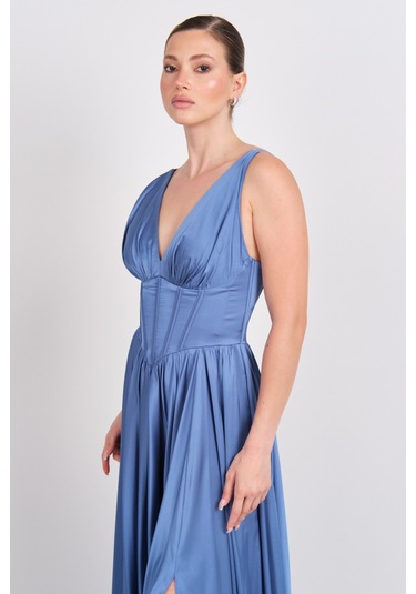 Doridorca Kadın Derin V Yaka Sırttan Bağlamalı Maxi Abiye Elbise 7091 Indigo İndigo