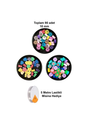 90 Adet 10 Mm Polimer Kil Fimo Boncuk Takı Bileklik + 5 Metre Misina Hediye - Kalp - Deniz - Çiçek