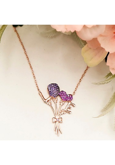 Love Aşk Pembe Kalp Balon Buket Kolye Rose - Gold -  Gümüş