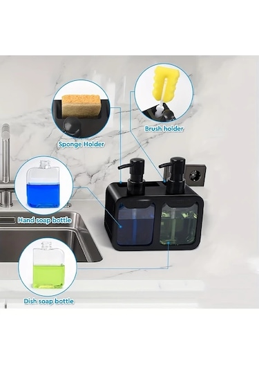 Gateesat Siyah 4ü 1 Arada Sabunluk Lavabo Organizatörü Çift Sabun Dispanseri Sünger Ve Fırça Tutucu Siyah