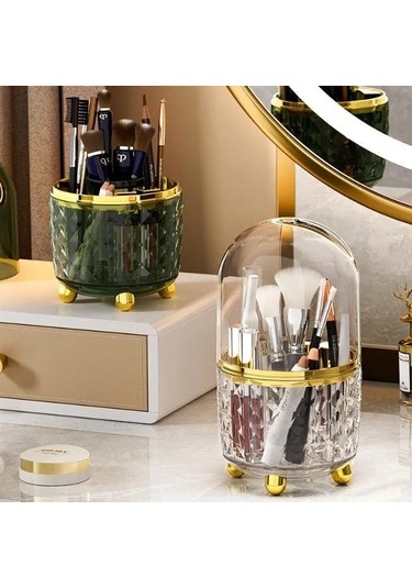 Yuntech01 Scheın Abs Plastik Güneş Yeşili Döner Kosmetik Organizer, 6 Bölmeli, Toz Koruyucu Kapaklı, 21x12x12 Cm Şeffaf