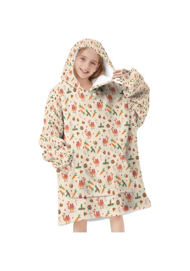 Noel Temalı 6-13 Yaş Çocuk Giyilebilir Battaniye Hoodie, Kalın Peluş, Büyük Boy-a135 Krem - Pembe