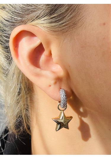 Zirkon Taşlı Yıldız Figür Sallantılı Çelik Küpe Altın - Gümüş