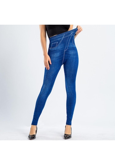 Mavi Kadınlar Yüksek Elastik Bel Streç Tayt Bayanlar Dikişsiz Sahte Denim Kot Leggins Mujer Pantalon Mavi