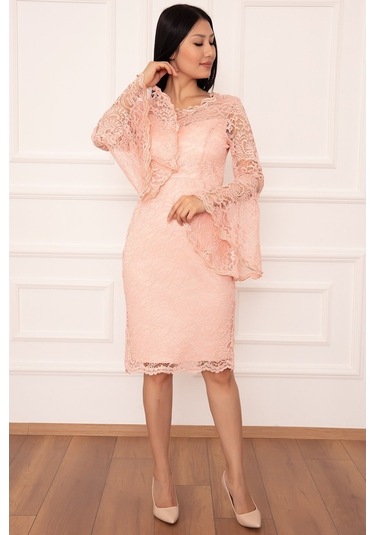 Kalopya Kol Volanlı Kısa Dantel Abiye Elbise 13034 Pudra