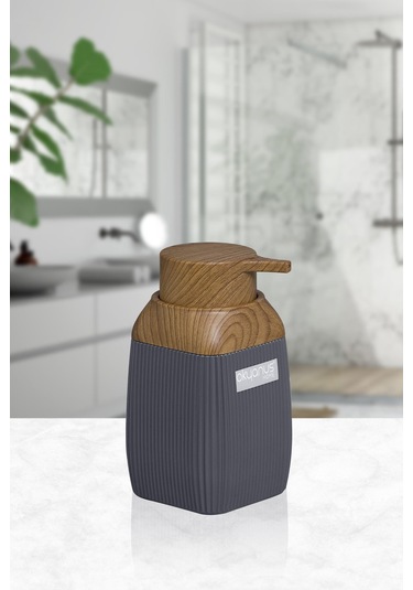 Okyanus Home Ahşap Desenli Antrasit Çizgili Kare Sıvı Sabunluk Antrasit