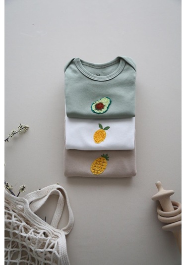 3lü Nakışlı Çıtçıtlı Kısa Kollu Body Zıbın Model 3 Beyaz