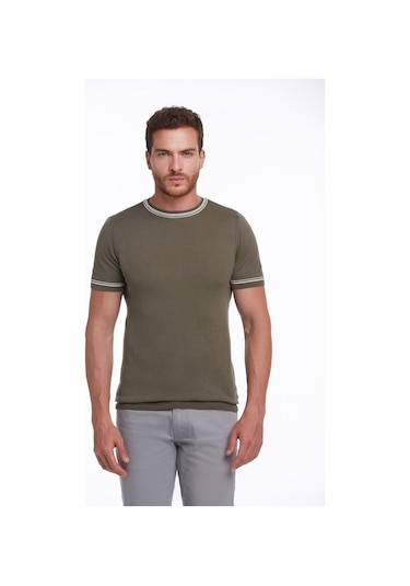 Hatemoğlu Haki Slim Fit Basic Bisiklet Yaka Triko Tişört-Haki