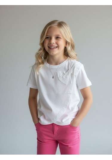 Zekids Kız Çocuk Fiyonk Detaylı Basic T-shirt-16965 Beyaz