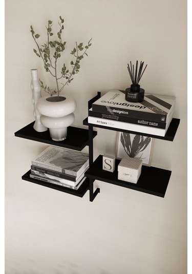 Aju 4 Katlı Duvar Rafı Metal Çerçeveli Dekoratif Kitaplık Ve Raf Ünitesi Modern Ve Minimalistt Siyah