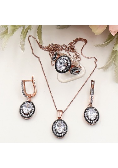 Büyük Oval Sallantılı Etrafı Taşlı Tek Taş Set Rose Gold - Gümüş