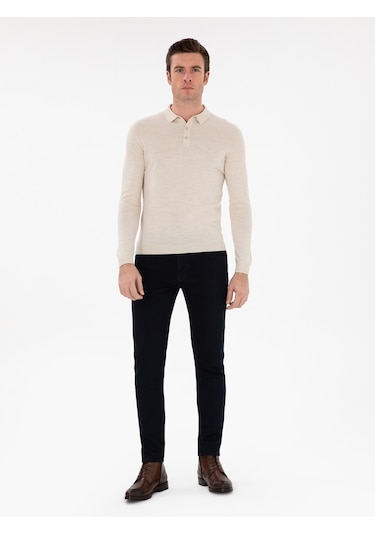 Cacharel Bej Slim Fit Yün Karışımlı Polo Yaka Basic Triko Kazak