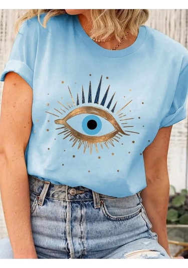 Kadın Bebe Mavisi Eye Baskılı Regular Tişört Bebe Mavi