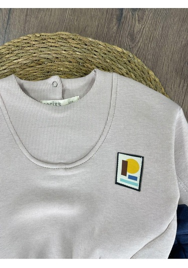 3 İplik İçi Şardonlu Armalı Kışlık Erkek Bebek Takım Kese Kağıdı Beyaz - Lacivert