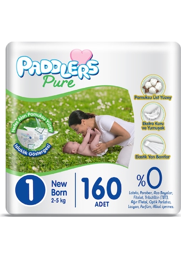 Paddlers Pure Bebek Bezi 1 numara Yenidoğan 160 Adet ( 2-5 kg ) Süper Fırsat Paketi