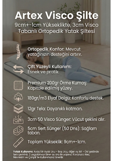 Artex Visco Şilte Yer Yatağı Nano 9 +-1cm Cm Ped Yatak Şiltesi Pedi Topper Mattress Tek Kişilik