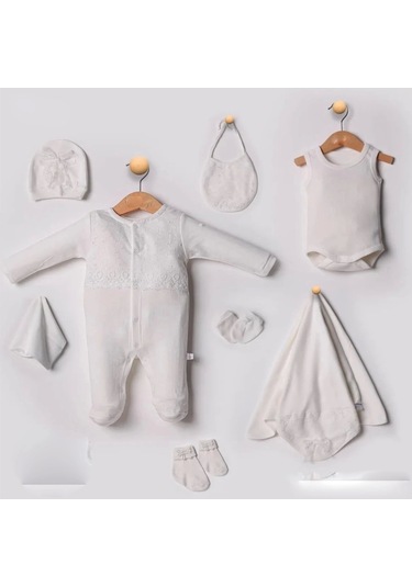 Dantel İşlemeli 10 Parça Yeni Doğan Hastane Seti %100 Pamuk Beyaz