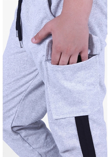 Yanı Şeritlii Kargo Cepli Erkek Çocuk Eşofman Altı Gri