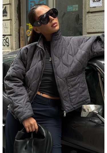 Füme Dik Yaka Kapitone Kadın Mont Mg2568 Füme