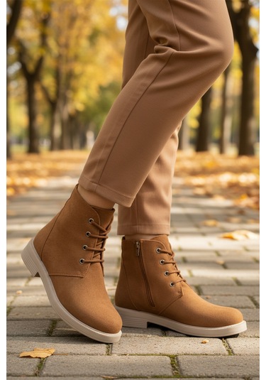 Aspor Taba Süet Bağcıklı Fermuarlı Kadın Topuklu Bot Çok Renkli