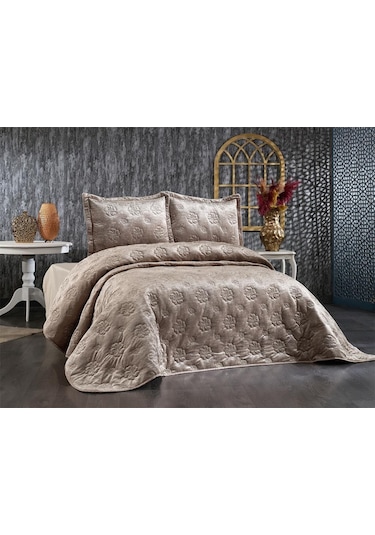 Lauren Nakışlı Kadife Çift Kişilik Yatak Örtüsü Cappucino (552386308) Cappuccino