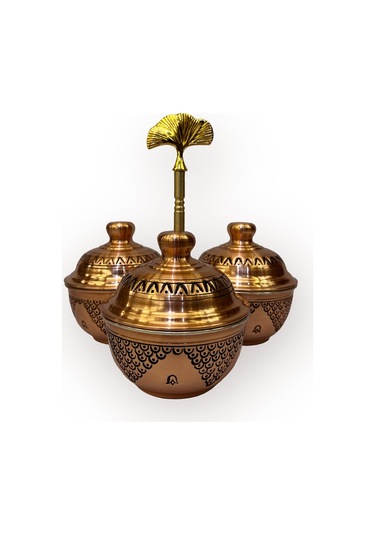Salkım Desen Skoçlu 3 Lü Bakır Baharatlık Ve İkramlık Küçük Bakır