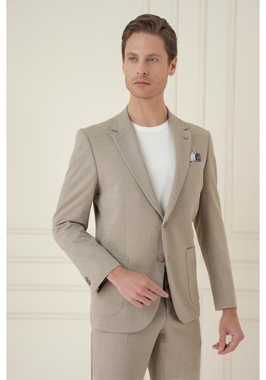 Slim Fit Mono Yaka Çift Yırtmaç Torba Cep Casual Bej Ceket C 698 Bej