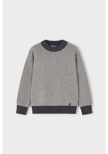 Erkek Çocuk Normal Kalıp Yün Karışımlı Dokulu Örgü Triko Kazak - Gri Charcoal Melange