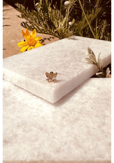 Kurdele Fiyonk Tasarım Zirkon Taşlı Şık Altın Renk Çelik Piercing Tragus Helix Stainless Steel