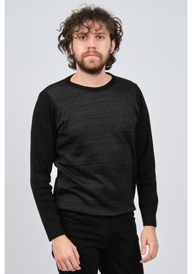 Çizgi Triko Erkek Bisiklet Yaka Desenli Kazak 42554225 Siyah Siyah