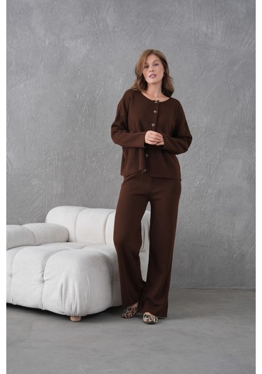 Kadın Bisiklet Yaka Düğme Kapama Kaşkorse Ceket Pantolon İkili Triko Takım Kahve