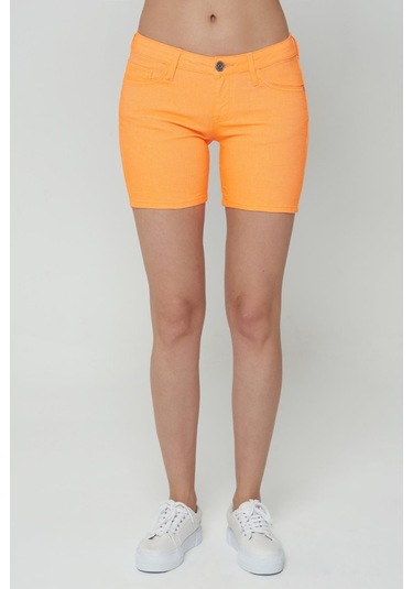 Neon Turuncu Düşük Bel Patı Fermuarlı Şort Jean A 514-805 Turuncu