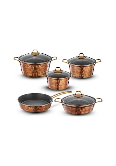 Brioni Copper 9 Parça Yanmaz Yapışmaz Bakır Görünümlü Granit Tencere Seti Bakır
