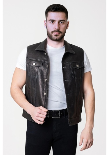 Derije Arthur Hakiki Jumbo Deri Erkek Siyah Biker Motorcu Tarzı Yelek