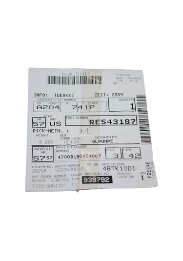 JOHN DEERE MOTOR YAĞI POMPASI RE543187